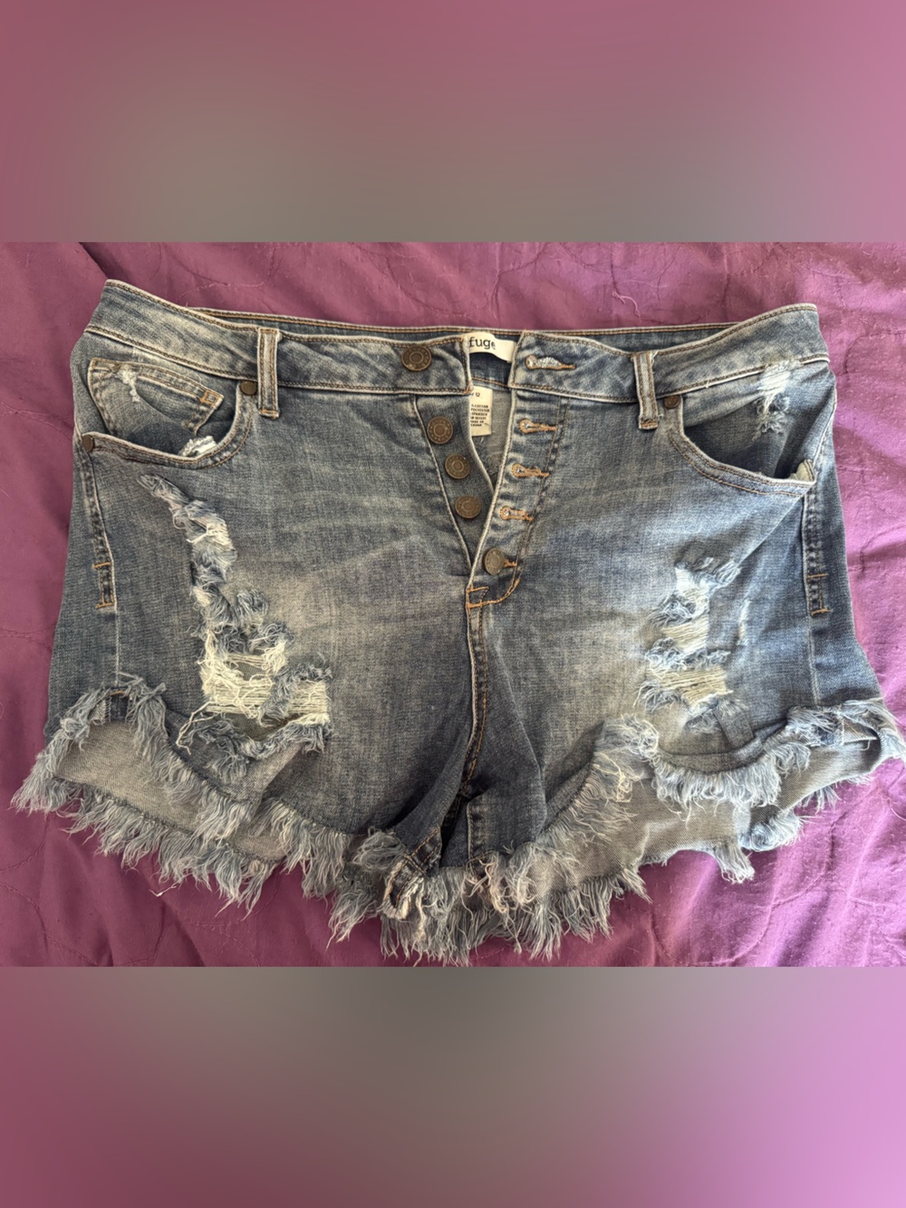 Refuge Distressed Medium Wash Frayed Hem Denim Shorts